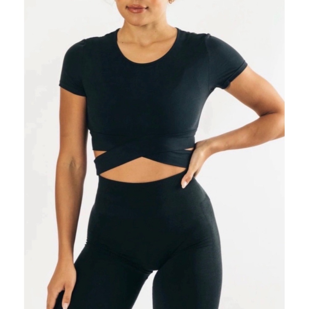 Alphalete‎ Womens Black UltraSoft Balletcore Wrap Tie Waist Athletic Crop Top S